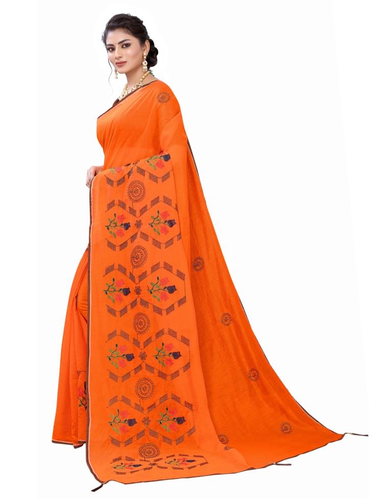 Orange Coloured Poly Cotton Thread Embroidered Partywear saree | Sudathi