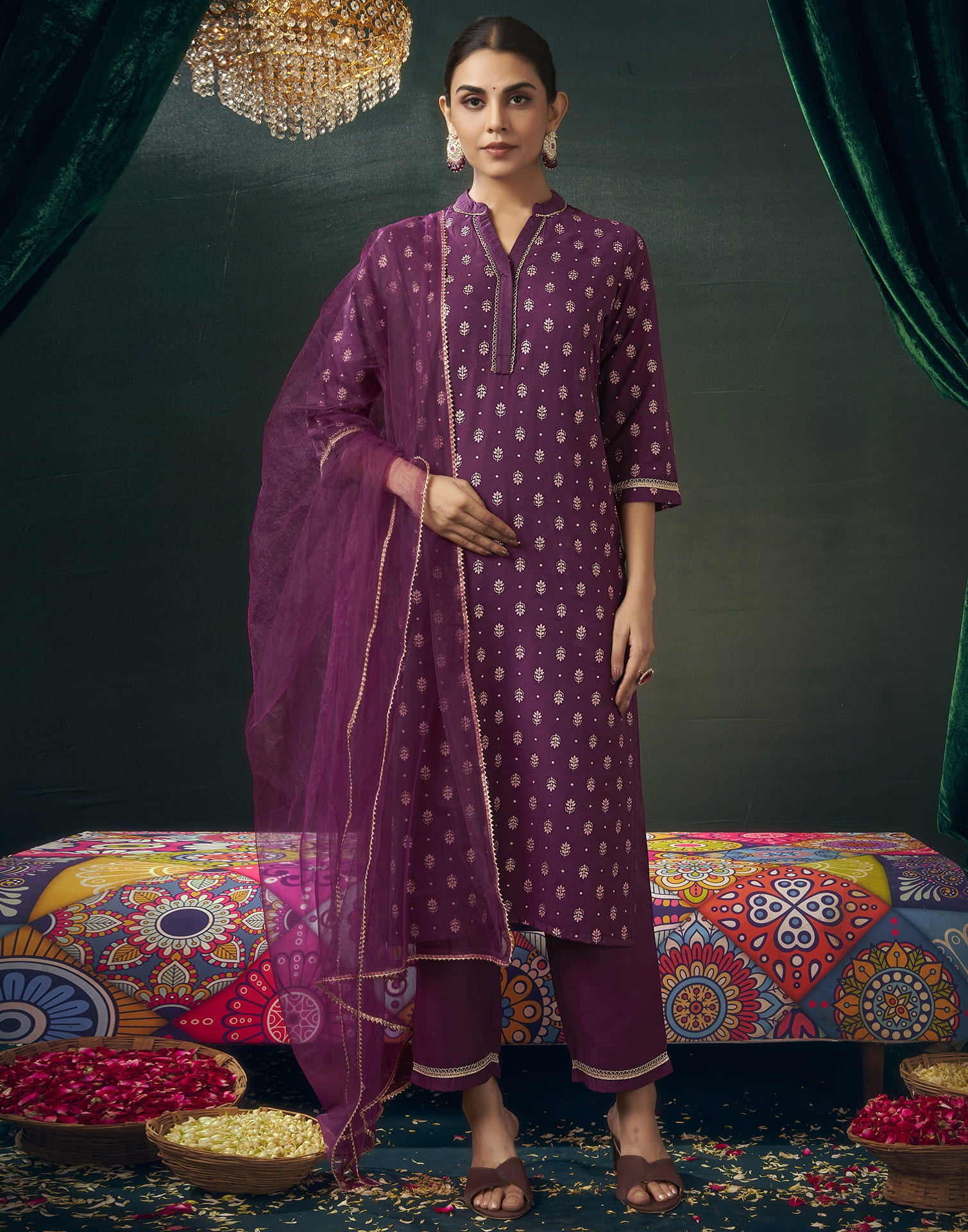 Wine Cotton Printed Straight Kurta Set With Dupatta