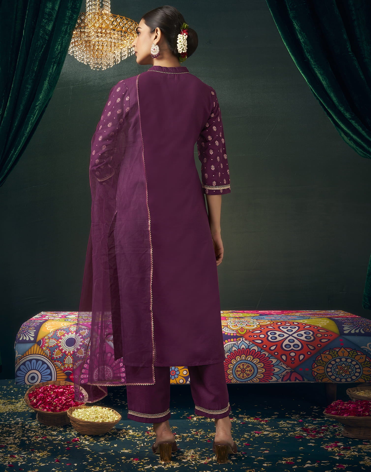 Wine Cotton Printed Straight Kurta Set With Dupatta