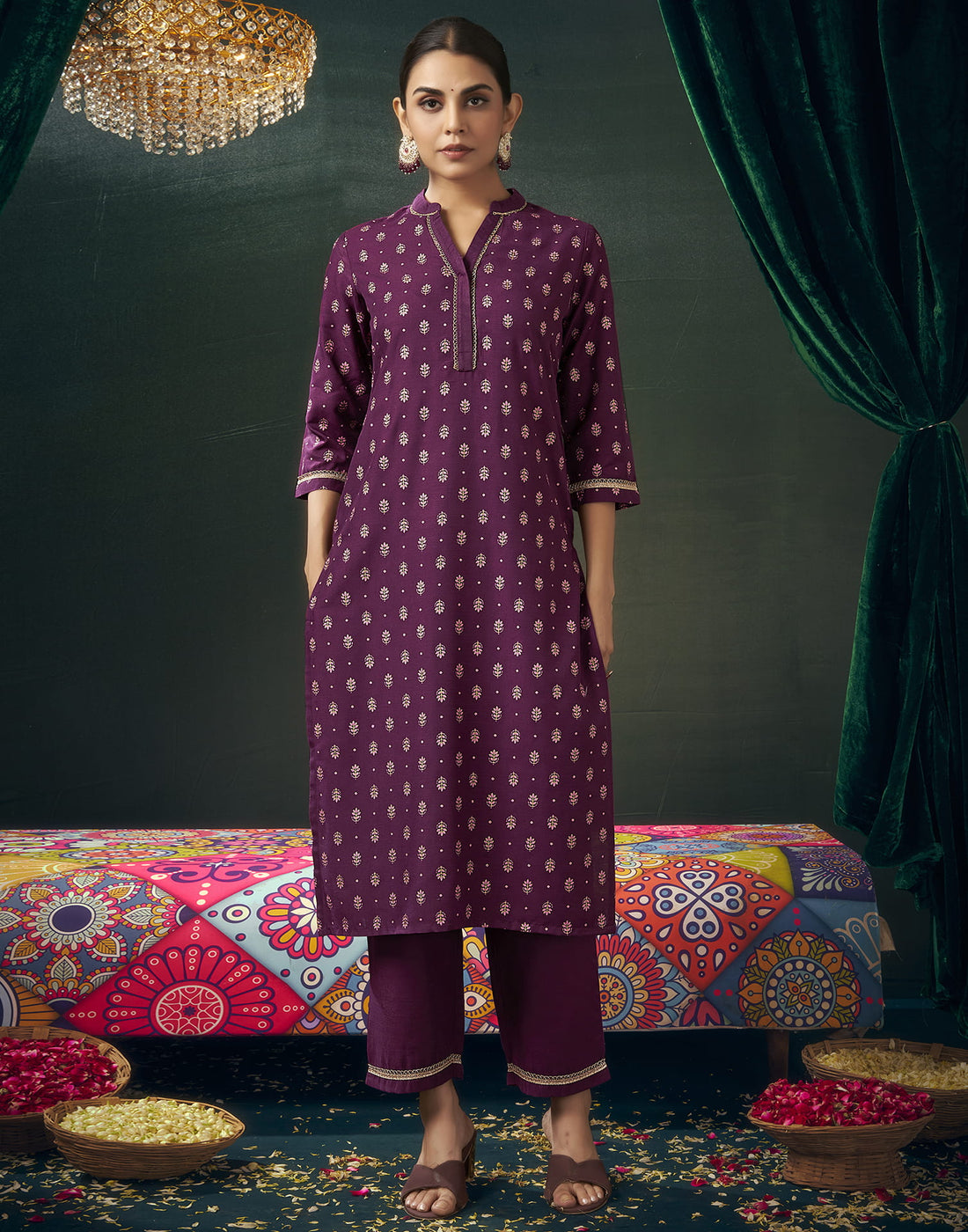 Wine Cotton Printed Straight Kurta Set With Dupatta