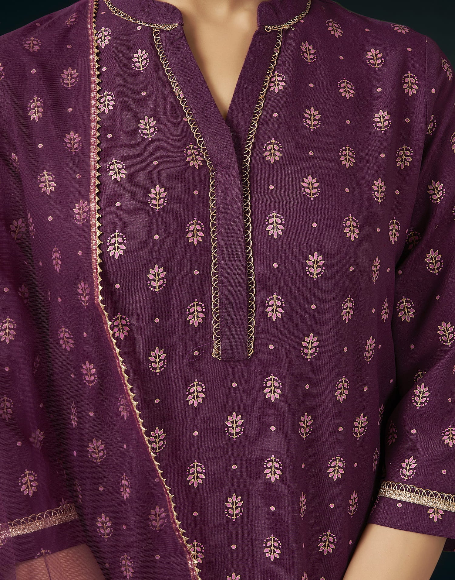 Wine Cotton Printed Straight Kurta Set With Dupatta