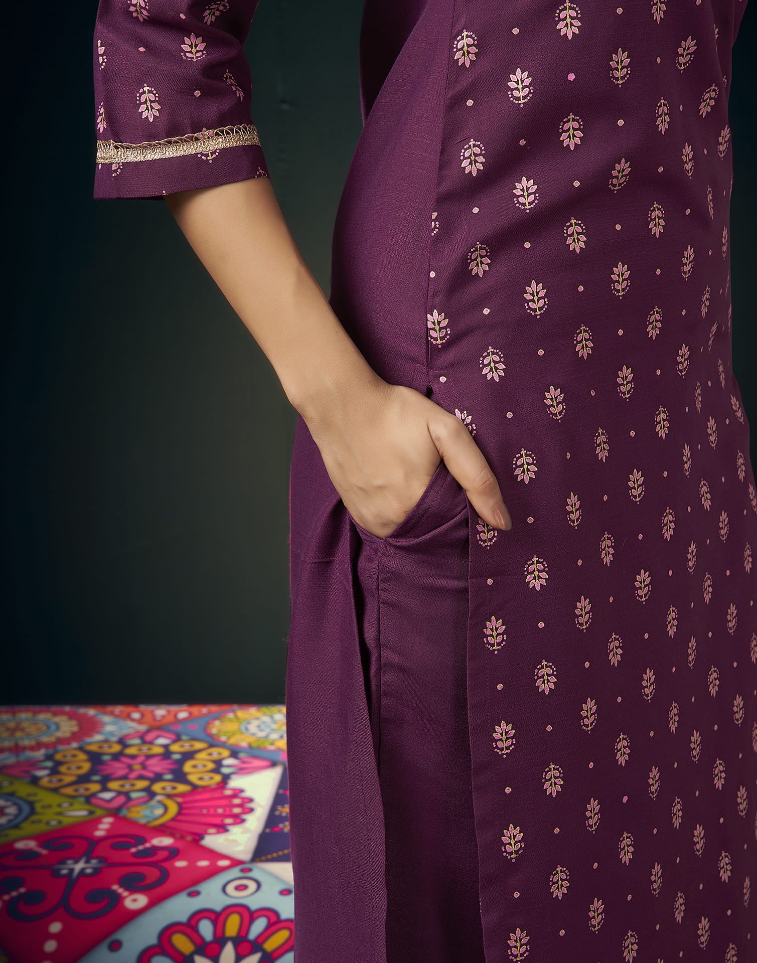 Wine Cotton Printed Straight Kurta Set With Dupatta