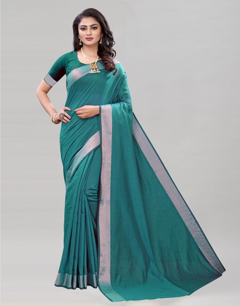 Rama Green Coloured Cotton Blend Plain Casual saree | Sudathi