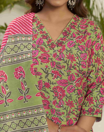 Green Printed Rayon Straight Kurta With Pant And Dupatta