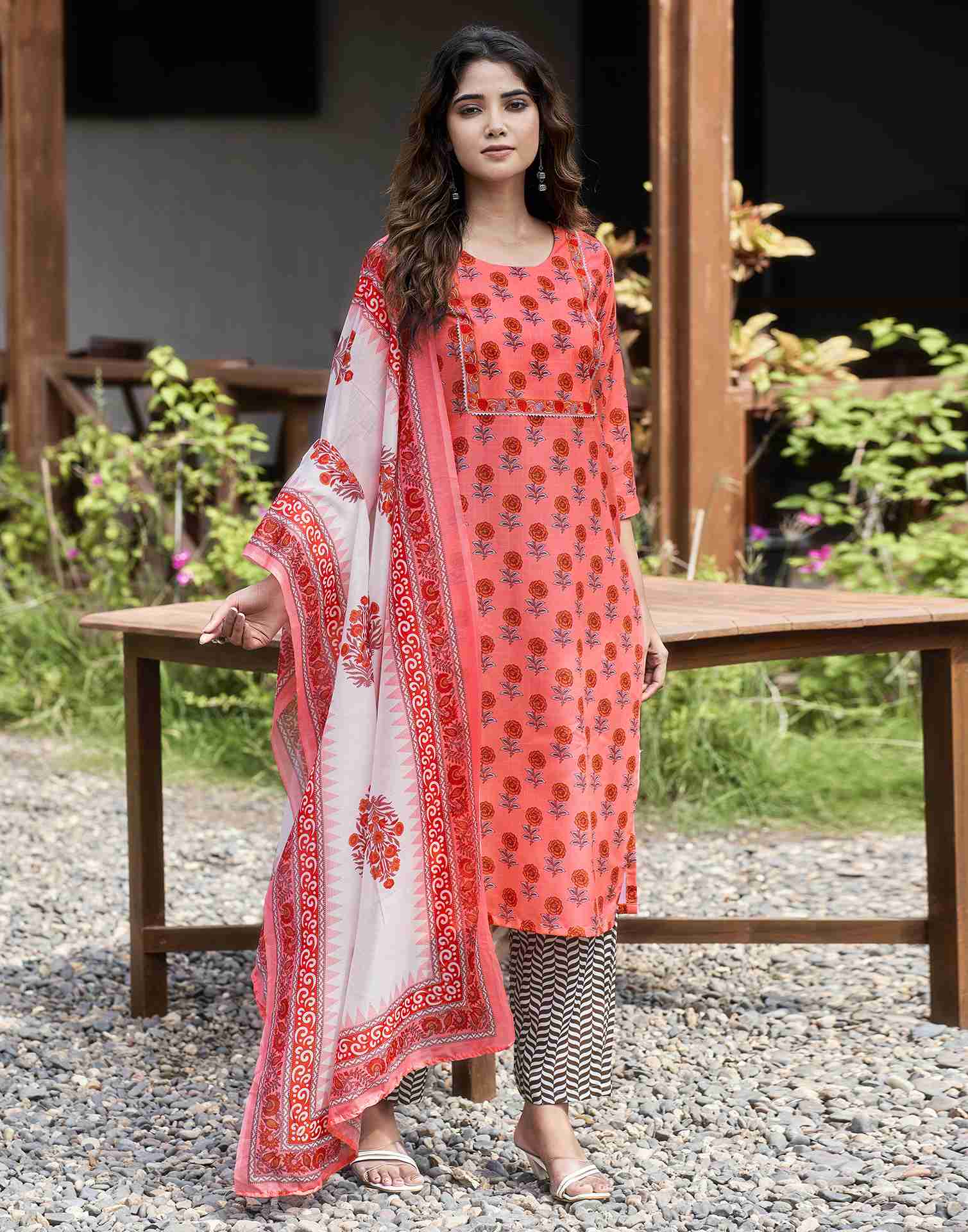 Pink Orange Printed Rayon Straight Kurta Set With Dupatta