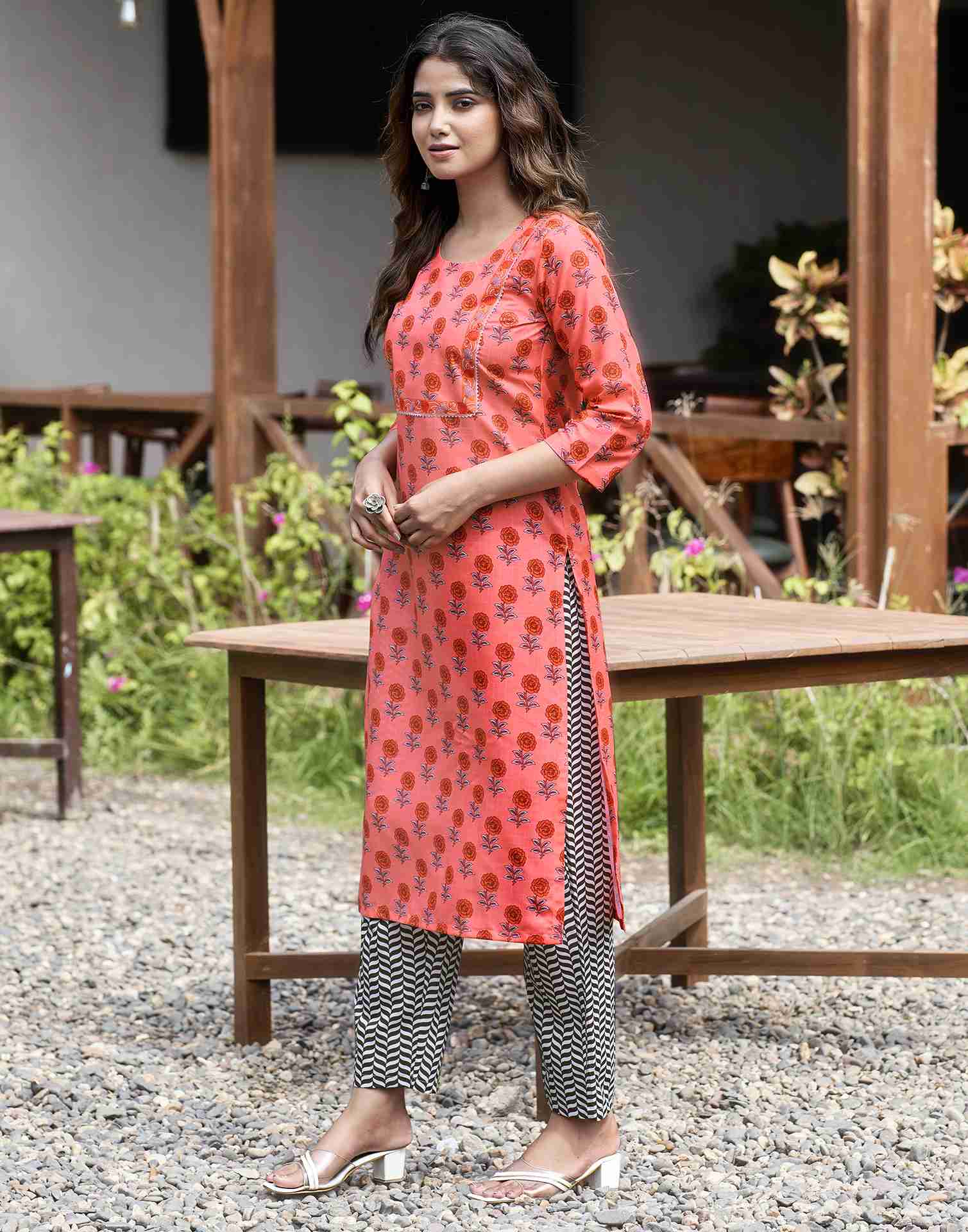 Pink Orange Printed Rayon Straight Kurta Set With Dupatta