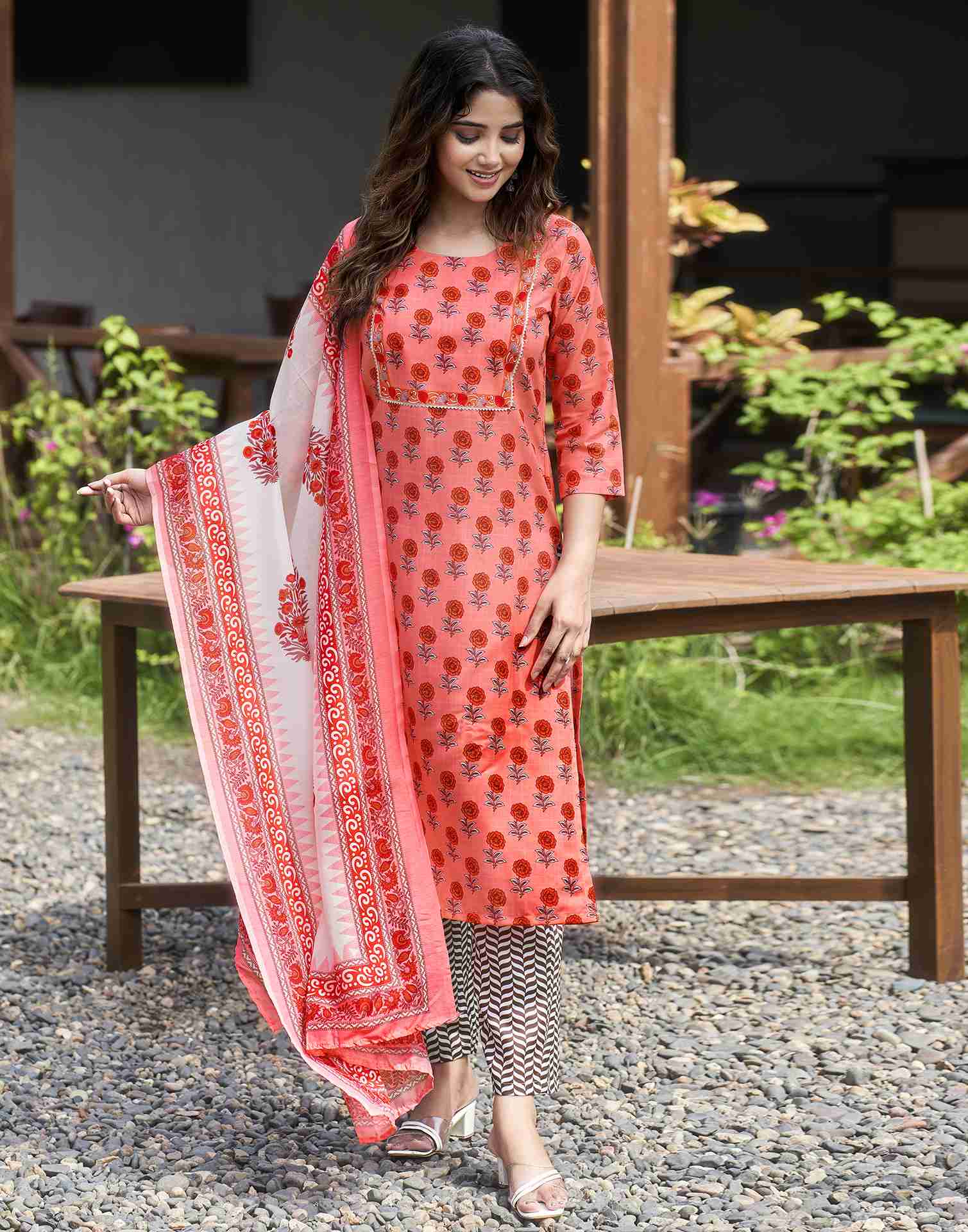 Pink Orange Printed Rayon Straight Kurta Set With Dupatta