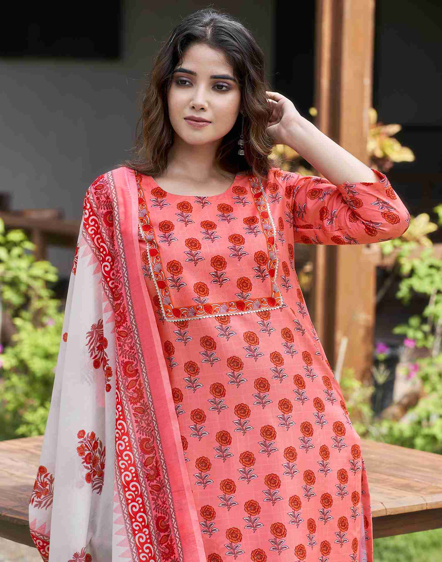 Pink Orange Printed Rayon Straight Kurta Set With Dupatta