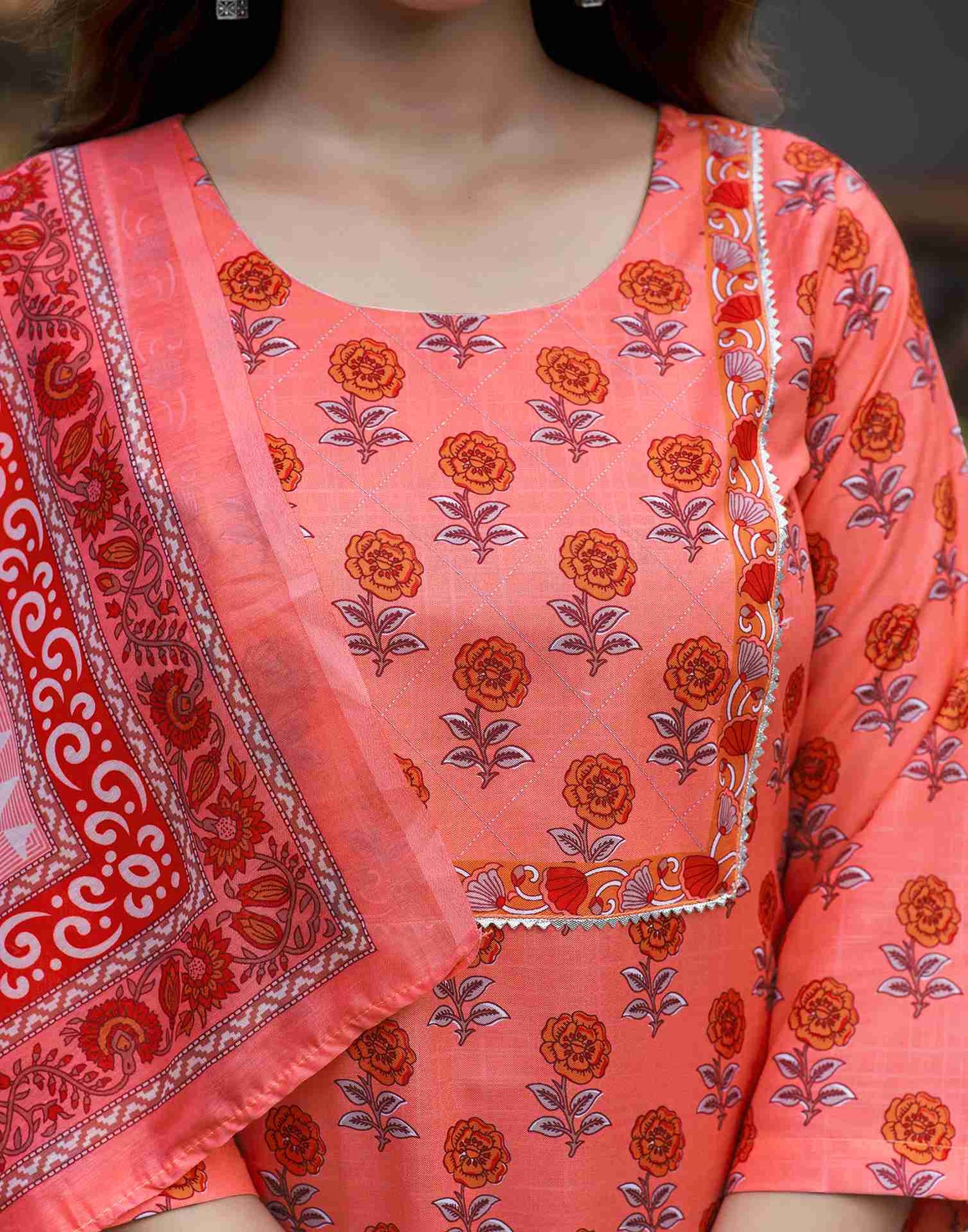 Pink Orange Printed Rayon Straight Kurta Set With Dupatta