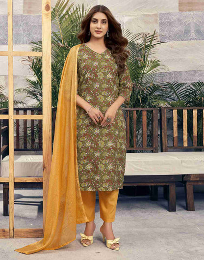 Mehandi Green Printed Cotton Straight Kurta Set With Dupatta