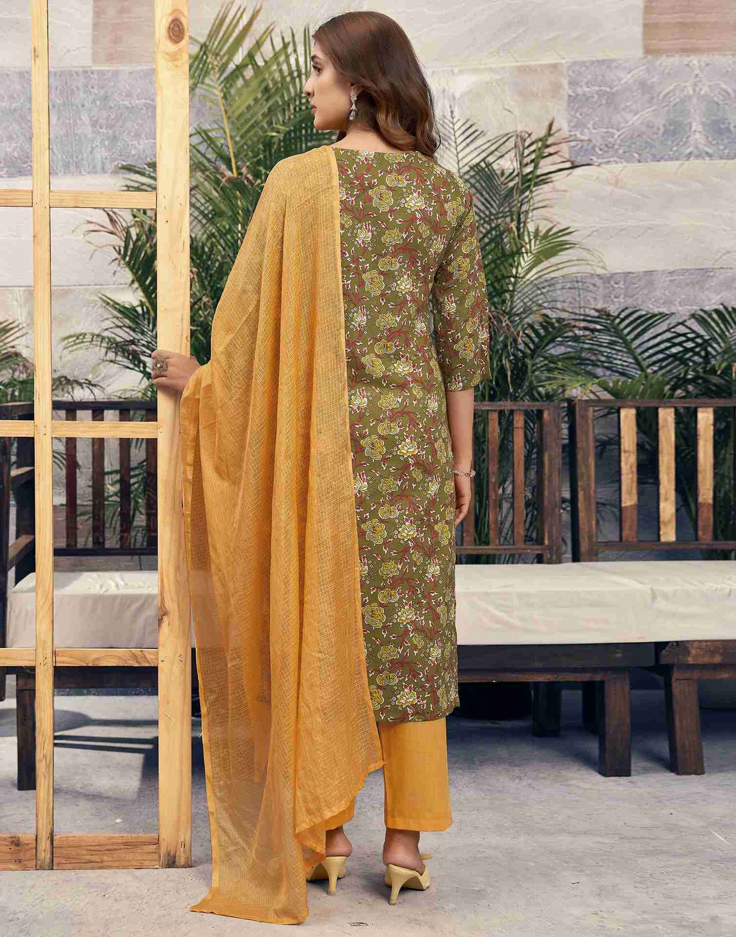 Mehandi Green Printed Cotton Straight Kurta Set With Dupatta