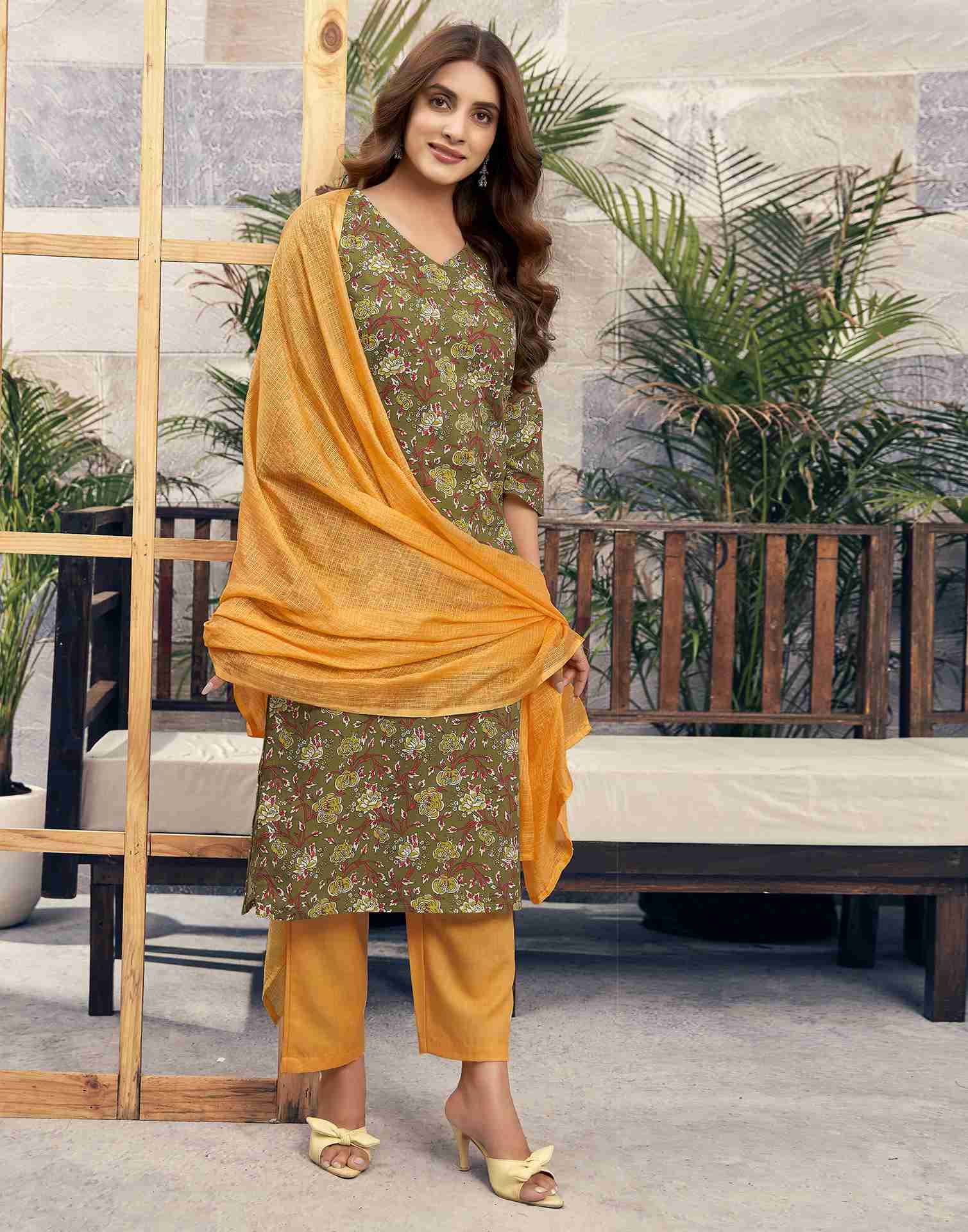 Mehandi Green Printed Cotton Straight Kurta Set With Dupatta