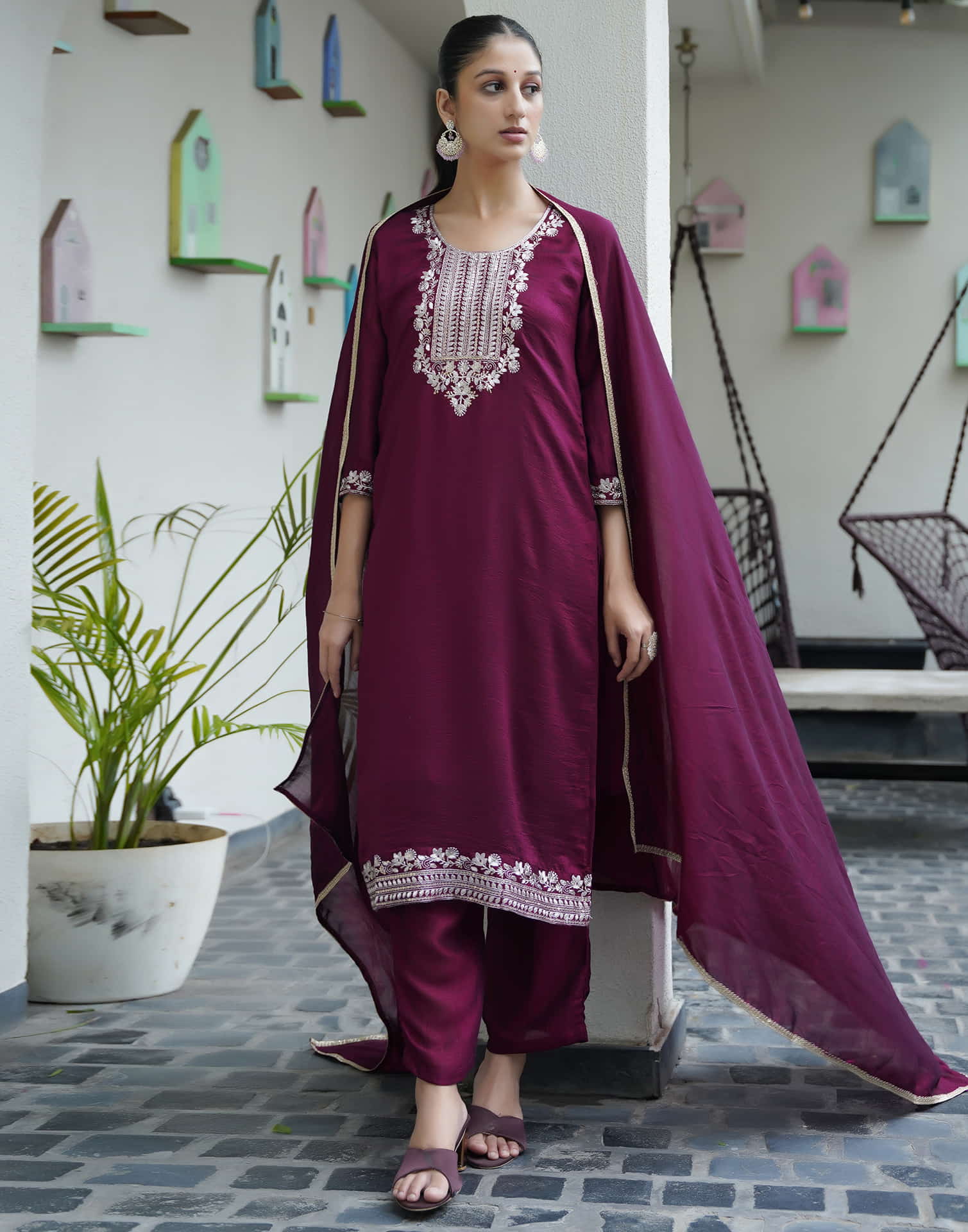 Wine Silk Sequence Straight Kurta Set With Dupatta