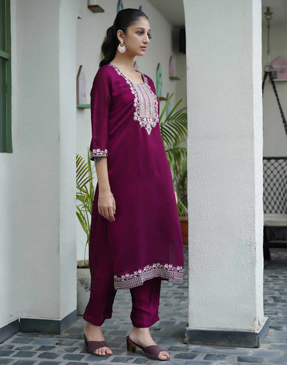 Wine Silk Sequence Straight Kurta Set With Dupatta