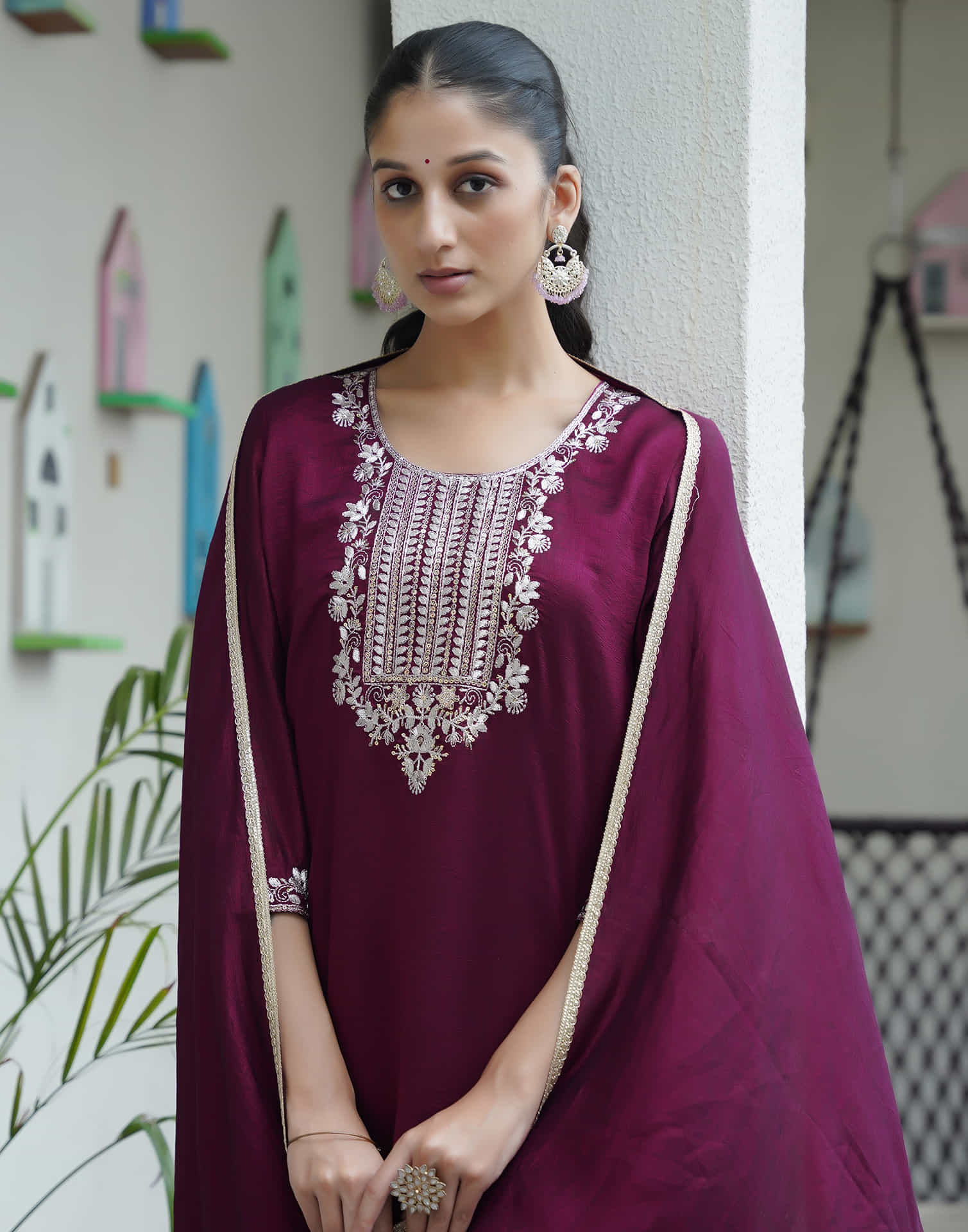 Wine Silk Sequence Straight Kurta Set With Dupatta