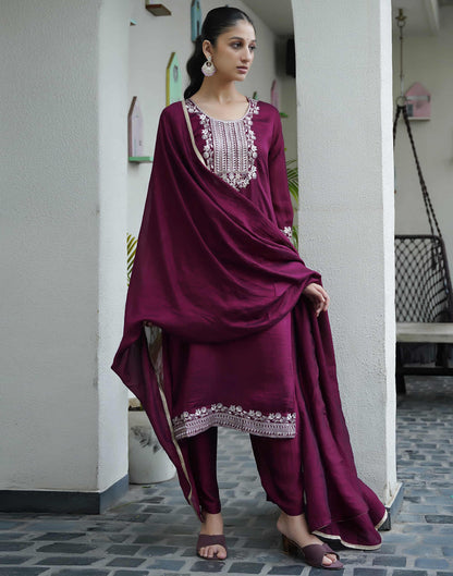 Wine Silk Sequence Straight Kurta Set With Dupatta