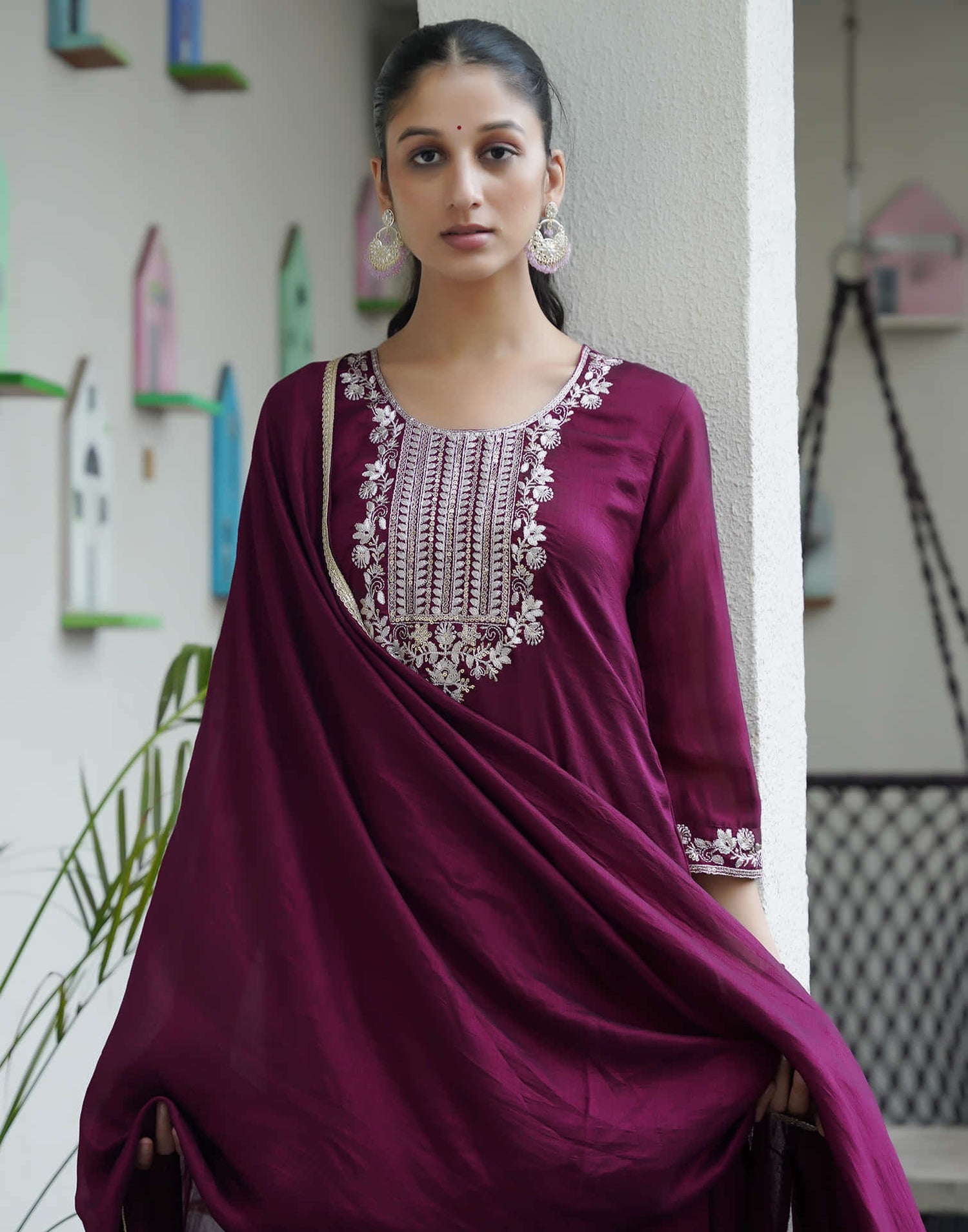 Wine Silk Sequence Straight Kurta Set With Dupatta