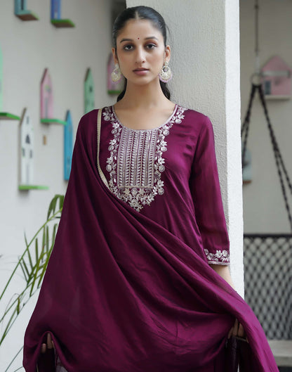 Wine Silk Sequence Straight Kurta Set With Dupatta