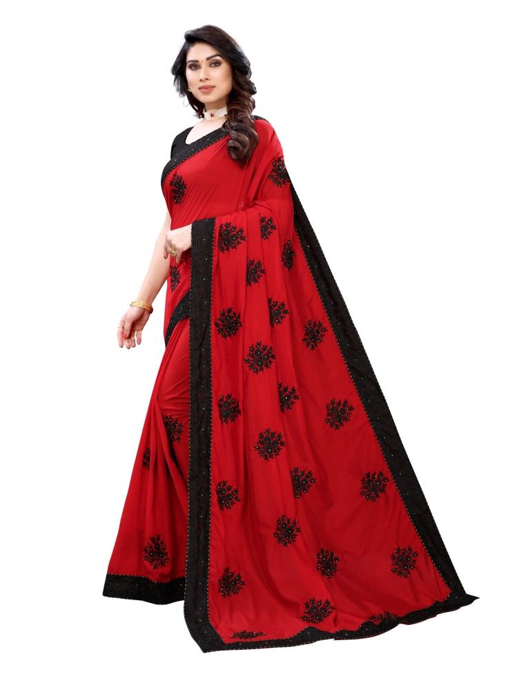 Red Coloured Poly Silk Embellished Partywear saree | Sudathi