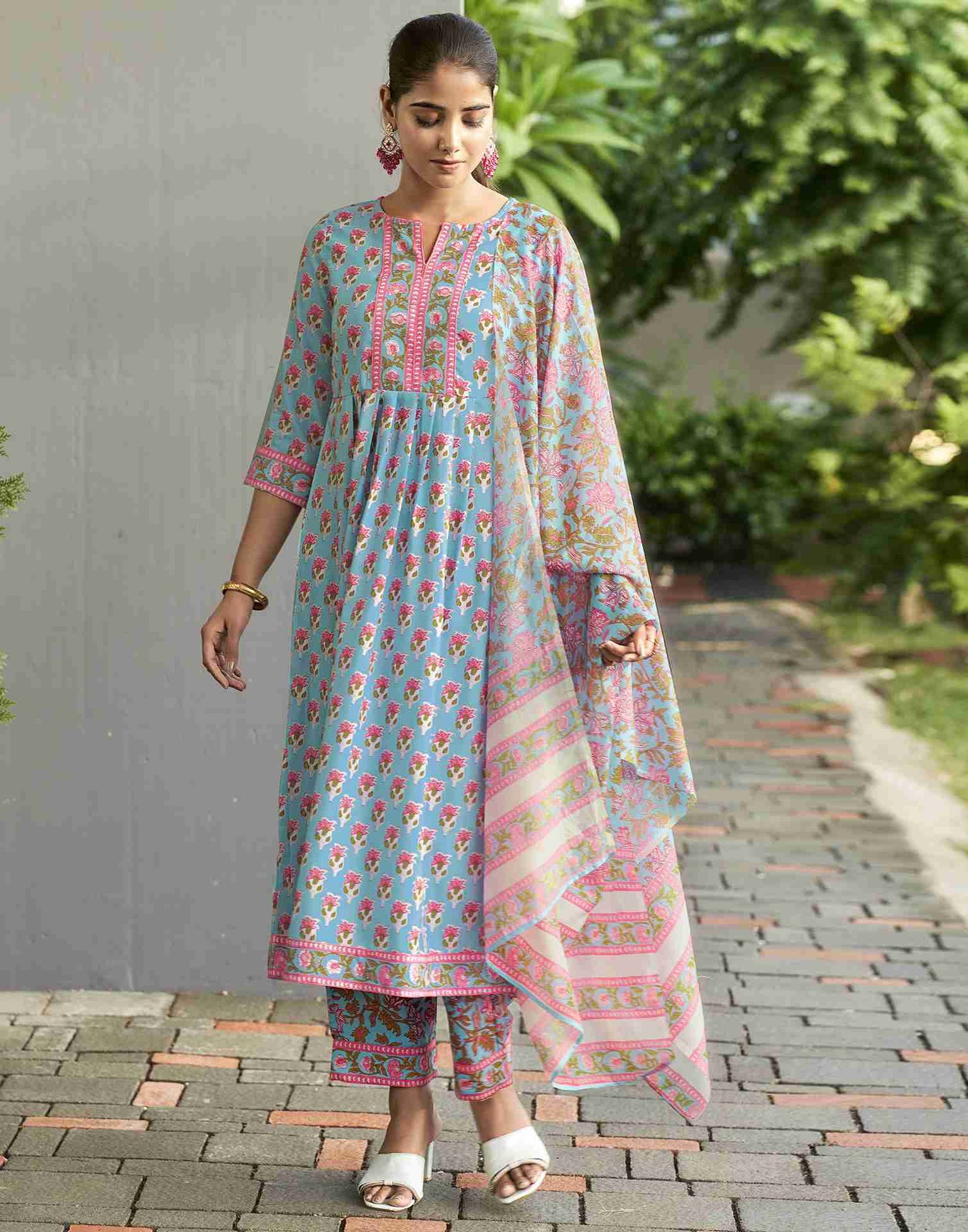 Light Blue Printed Rayon Straight Kurta Set With Dupatta