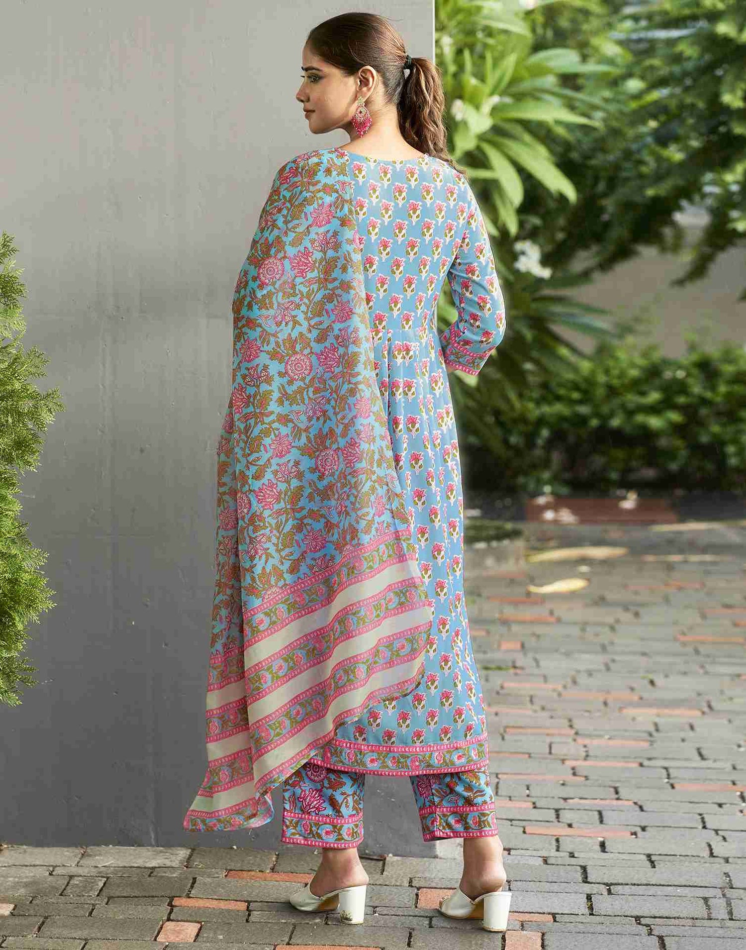 Light Blue Printed Rayon Straight Kurta Set With Dupatta