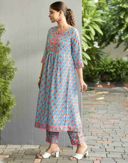 Light Blue Printed Rayon Straight Kurta Set With Dupatta