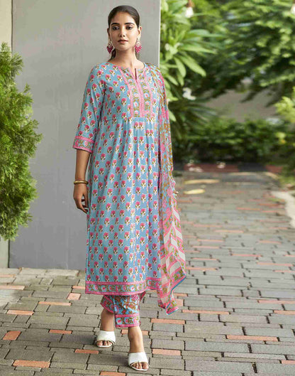 Light Blue Printed Rayon Straight Kurta Set With Dupatta