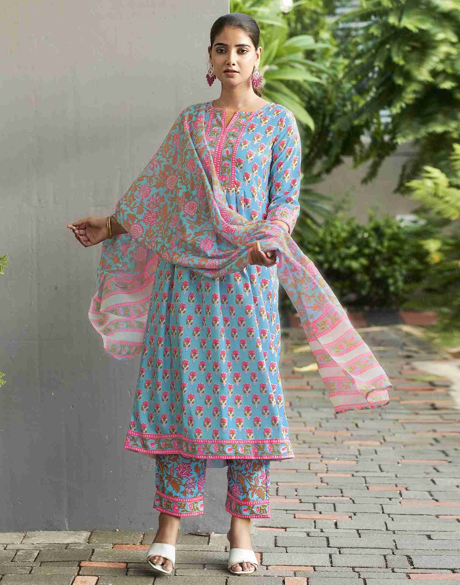 Light Blue Printed Rayon Straight Kurta Set With Dupatta