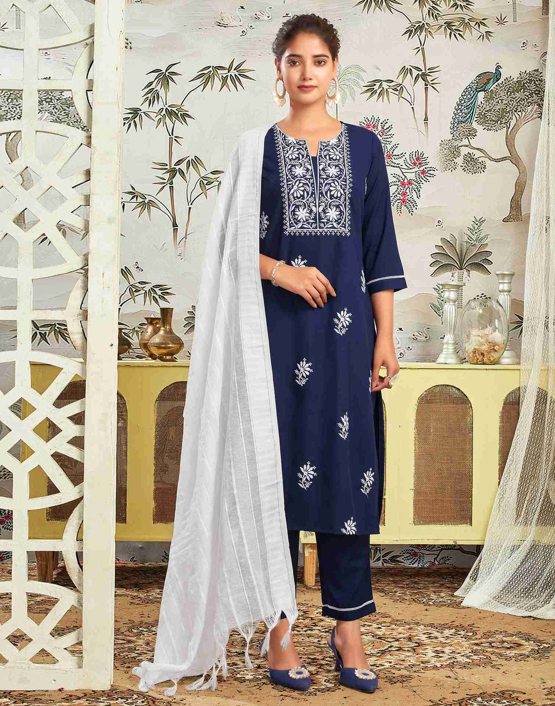 Navy Blue Rayon Embroidery Straight Kurta Set With Dupatta