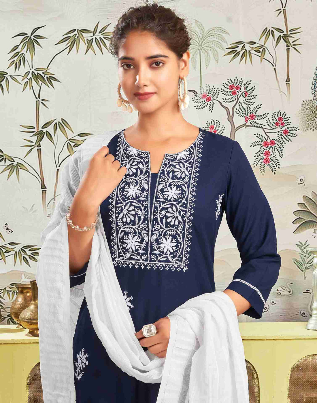 Navy Blue Rayon Embroidery Straight Kurta Set With Dupatta