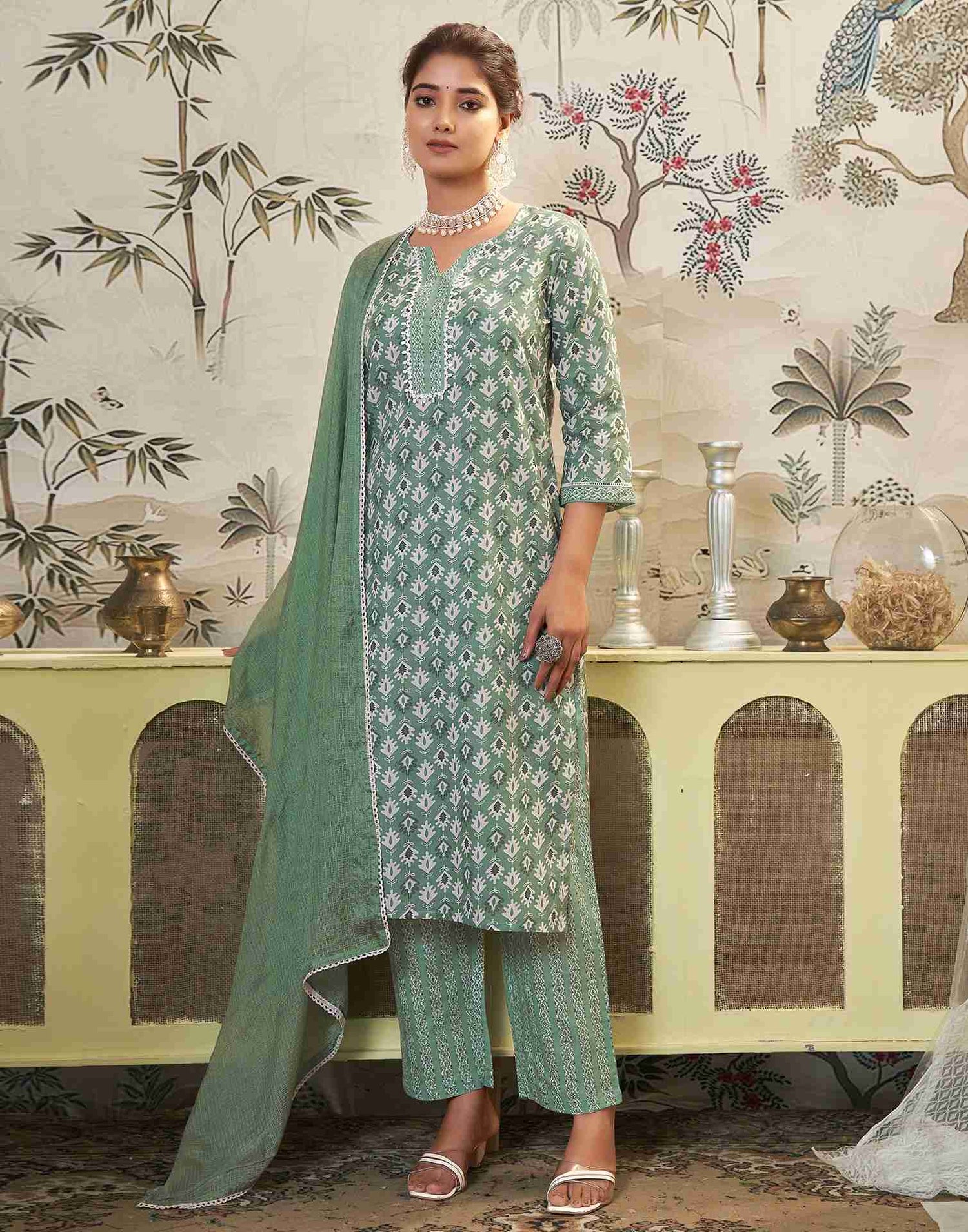 Pista Green Printed Cotton Straight Kurta Set With Dupatta