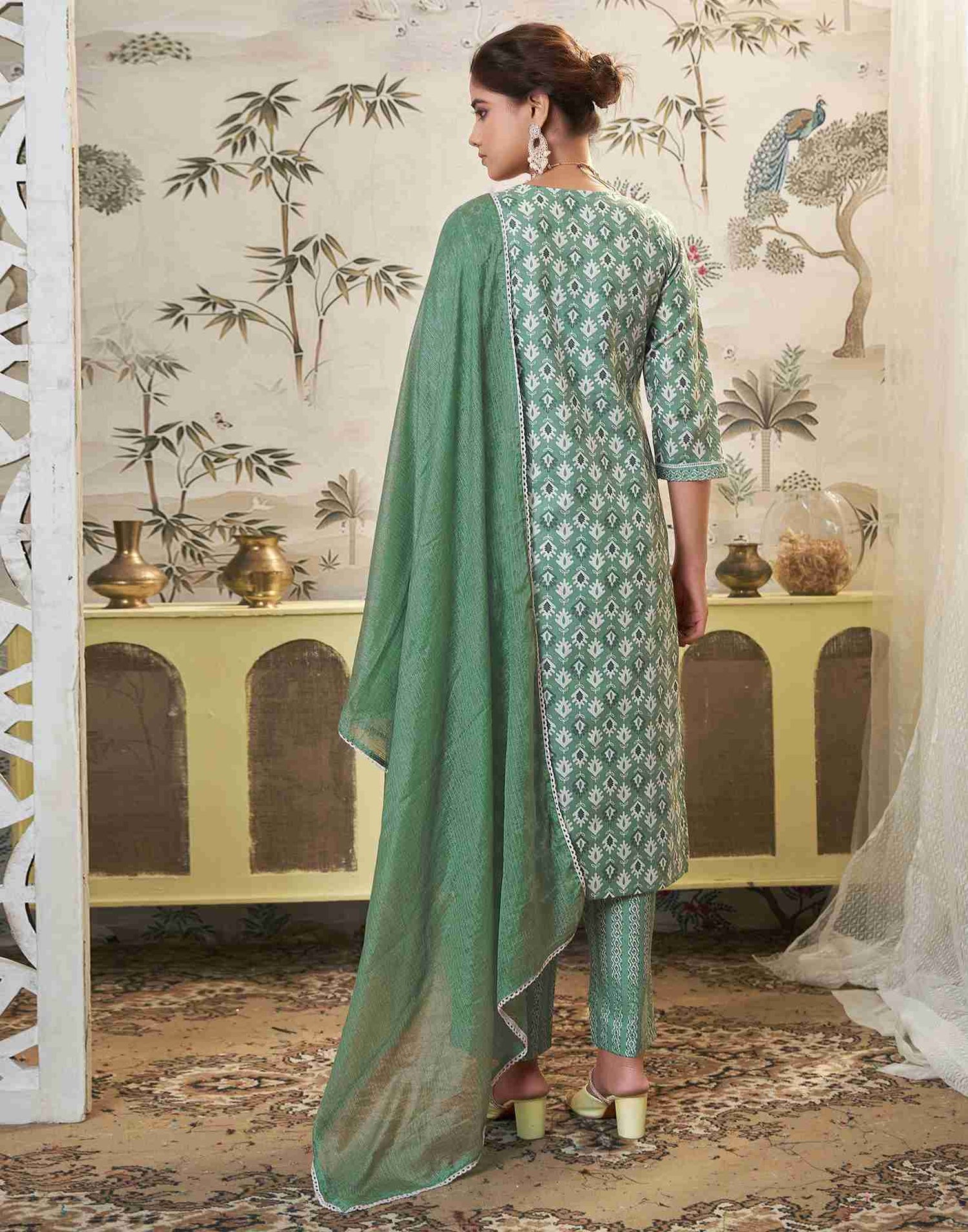 Pista Green Printed Cotton Straight Kurta Set With Dupatta