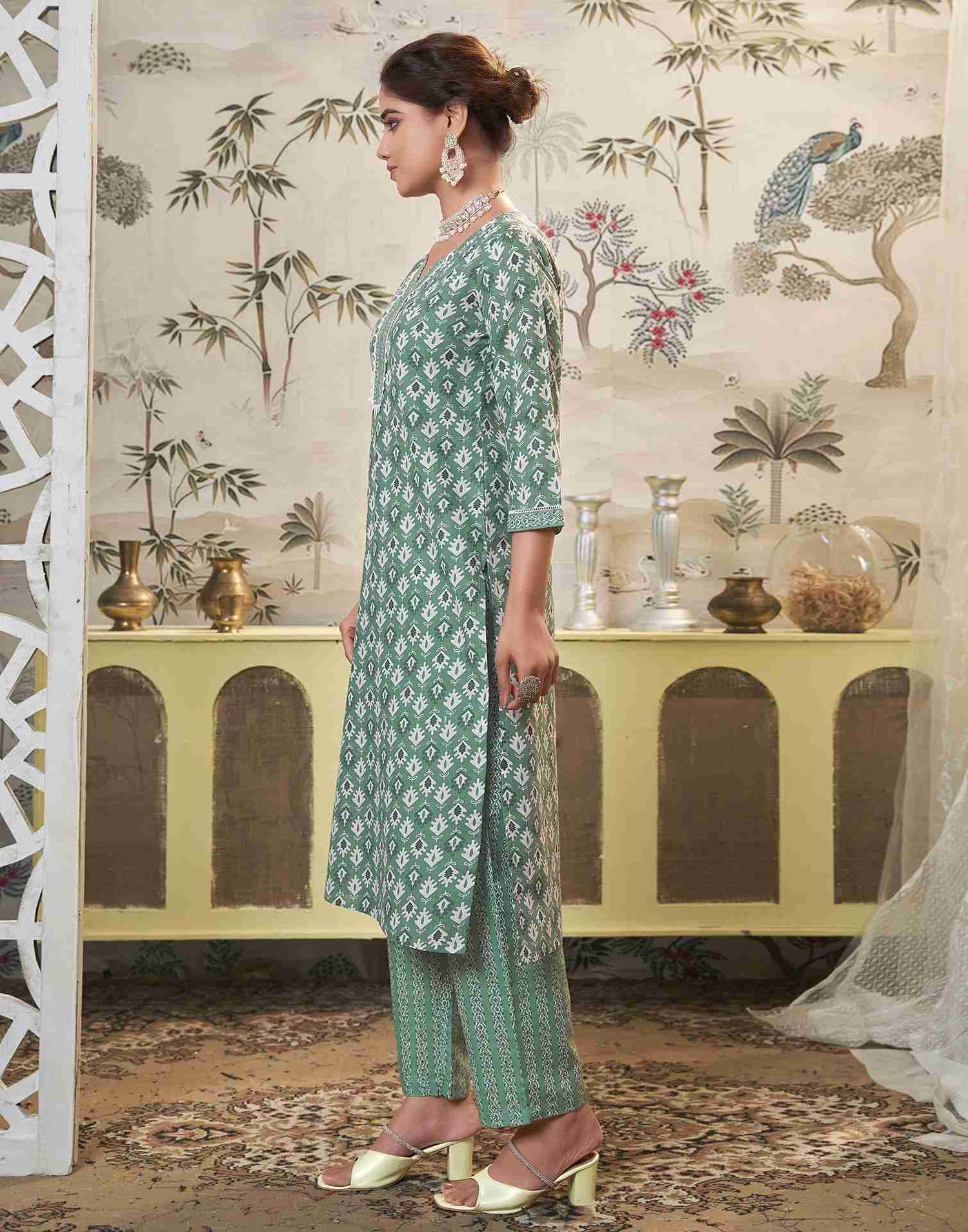 Pista Green Printed Cotton Straight Kurta Set With Dupatta