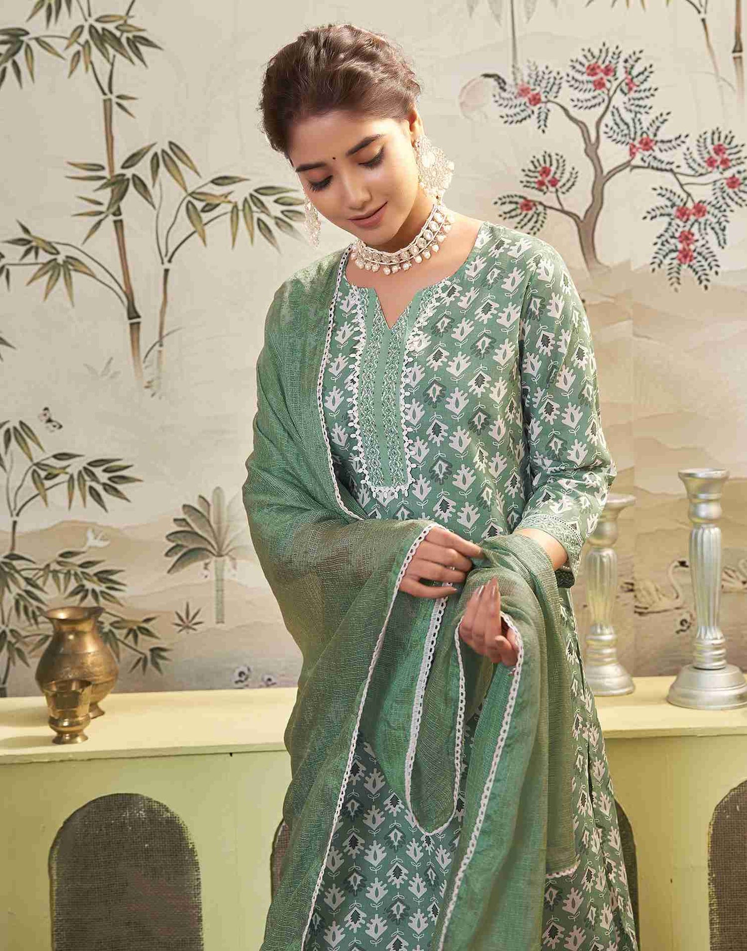 Pista Green Printed Cotton Straight Kurta Set With Dupatta