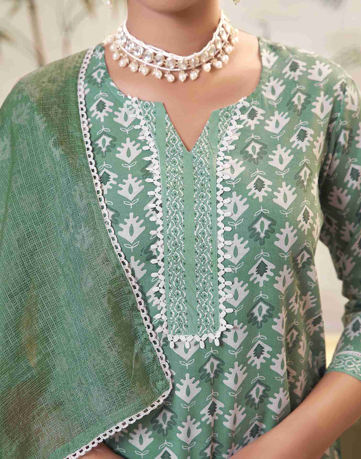 Pista Green Printed Cotton Straight Kurta Set With Dupatta