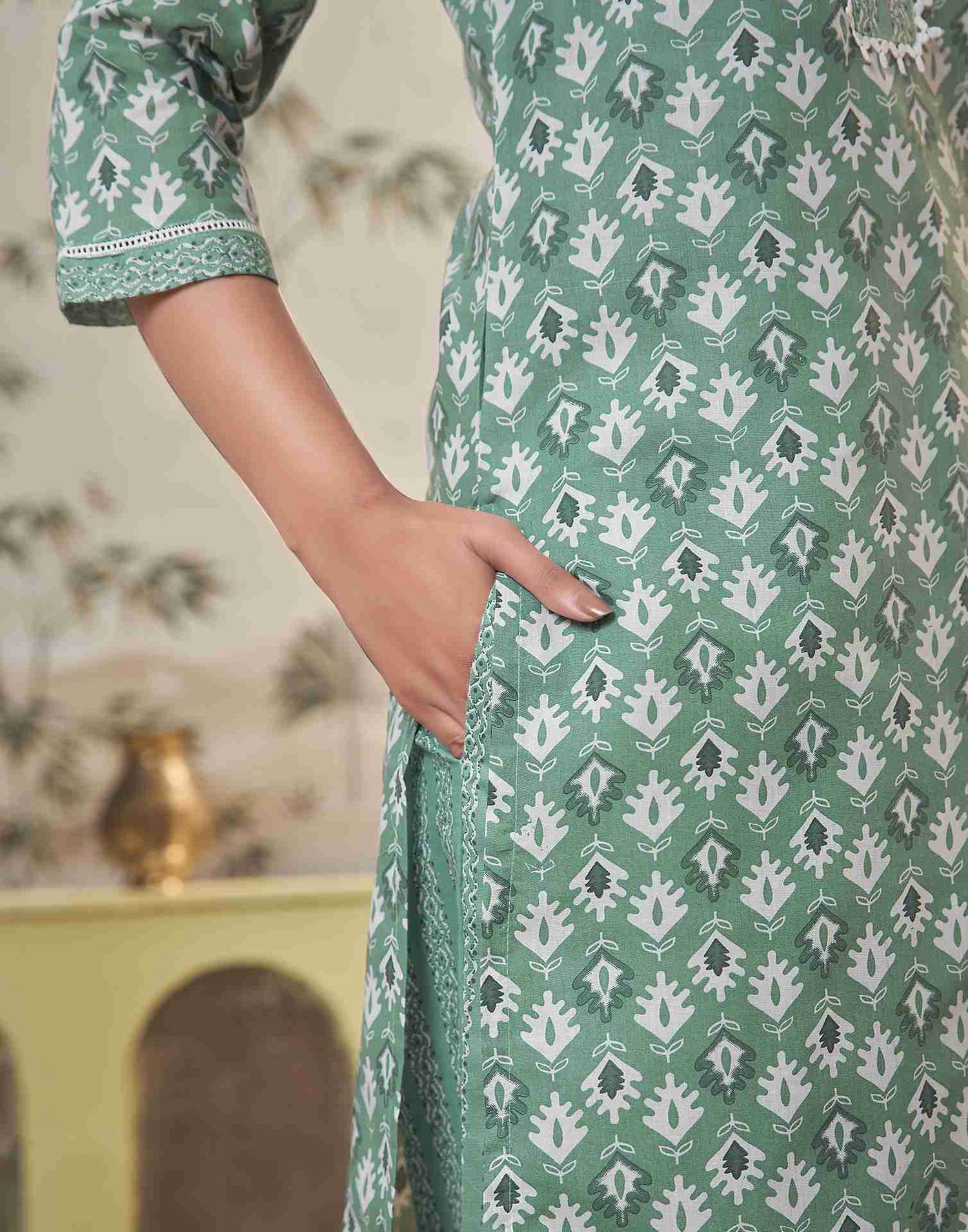 Pista Green Printed Cotton Straight Kurta Set With Dupatta