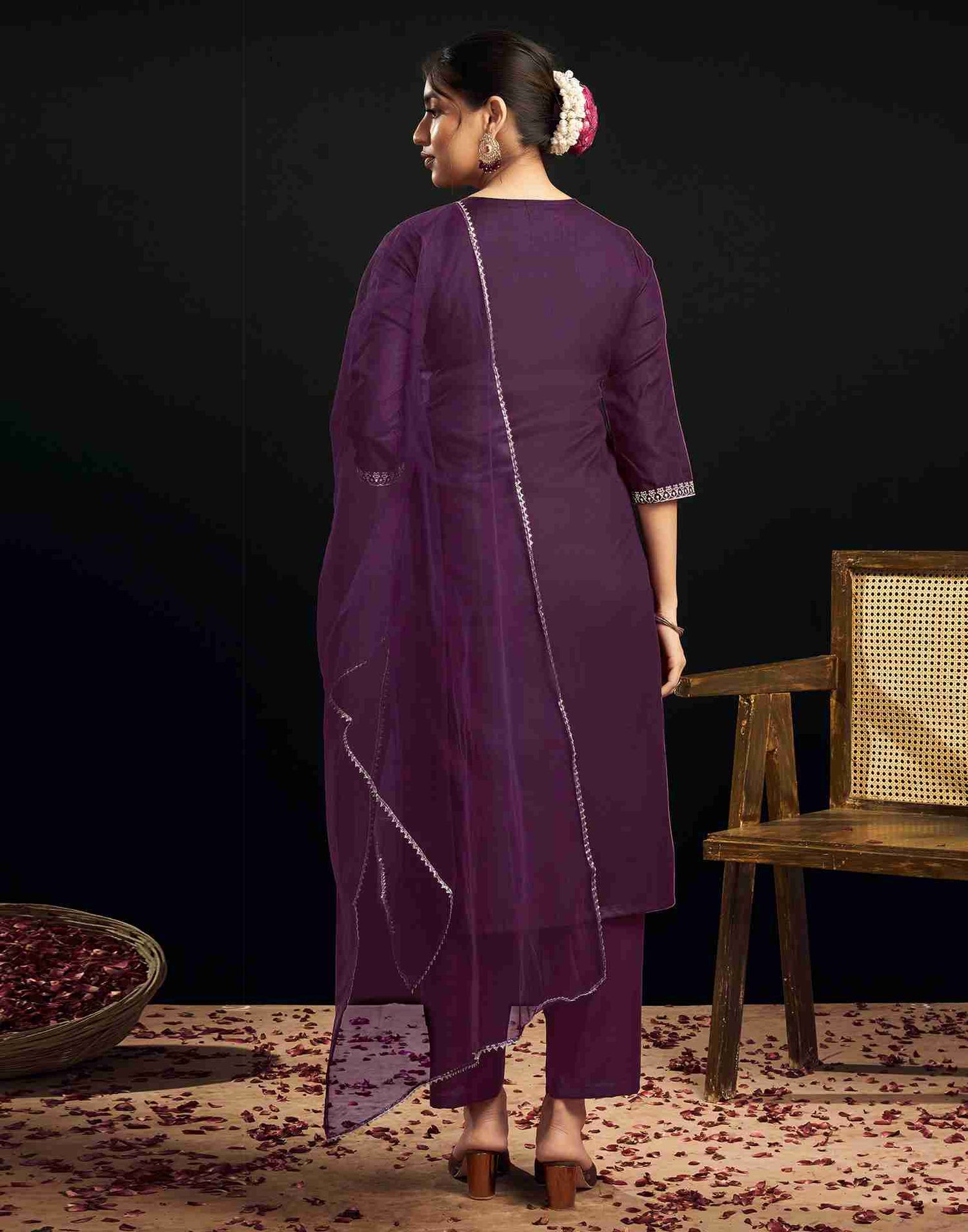 Wine Cotton Embroidery Straight Kurta Set With Dupatta