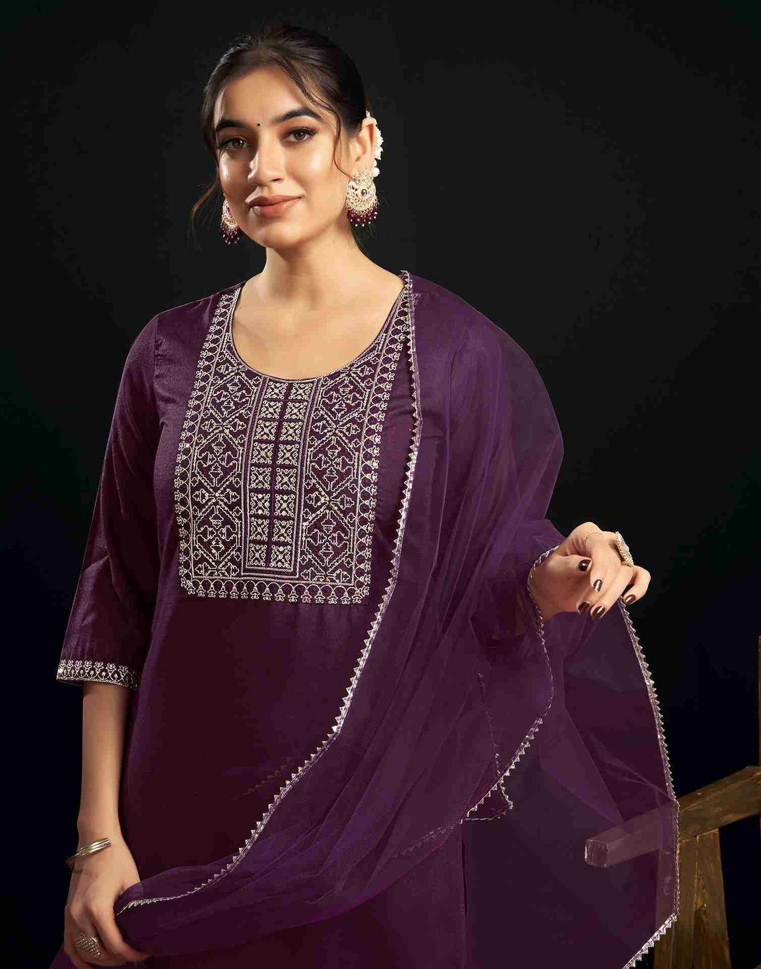 Wine Cotton Embroidery Straight Kurta Set With Dupatta