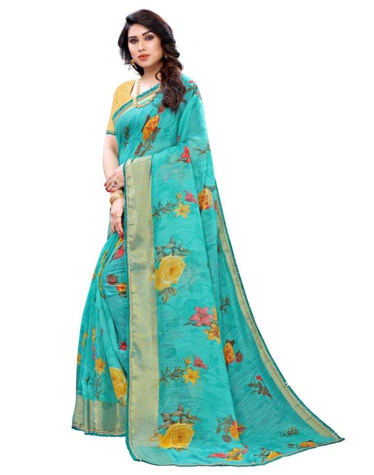 Rama Coloured Poly Cotton Printed Partywear saree | Sudathi