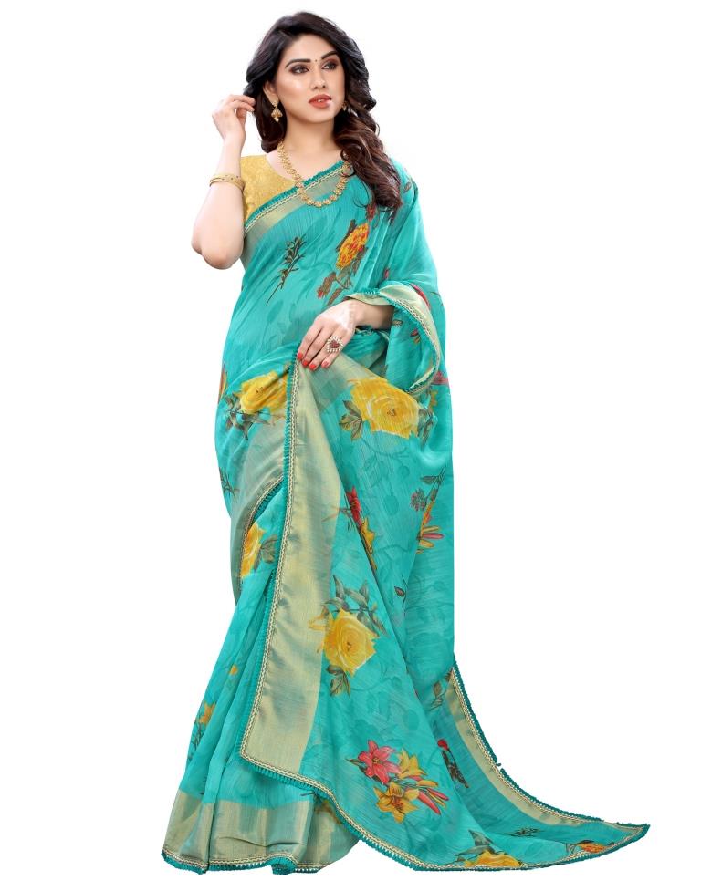 Rama Coloured Poly Cotton Printed Partywear saree | Sudathi