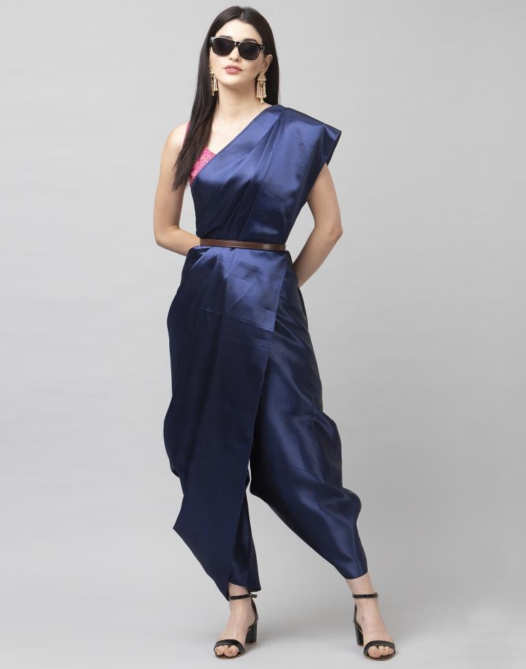 Navy Blue Coloured Satin Silk Plain Saree | Sudathi