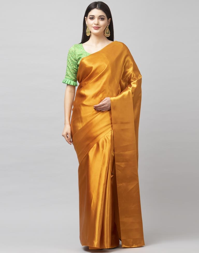 Mustard Coloured Satin Silk Plain Saree | Sudathi