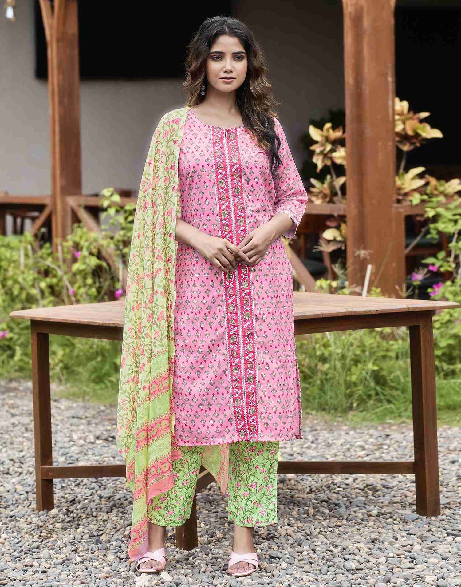 Pink Printed Rayon Straight Kurta Set With Dupatta