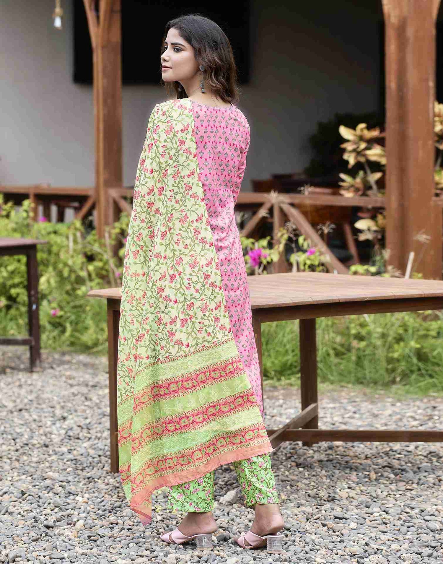 Pink Printed Rayon Straight Kurta Set With Dupatta