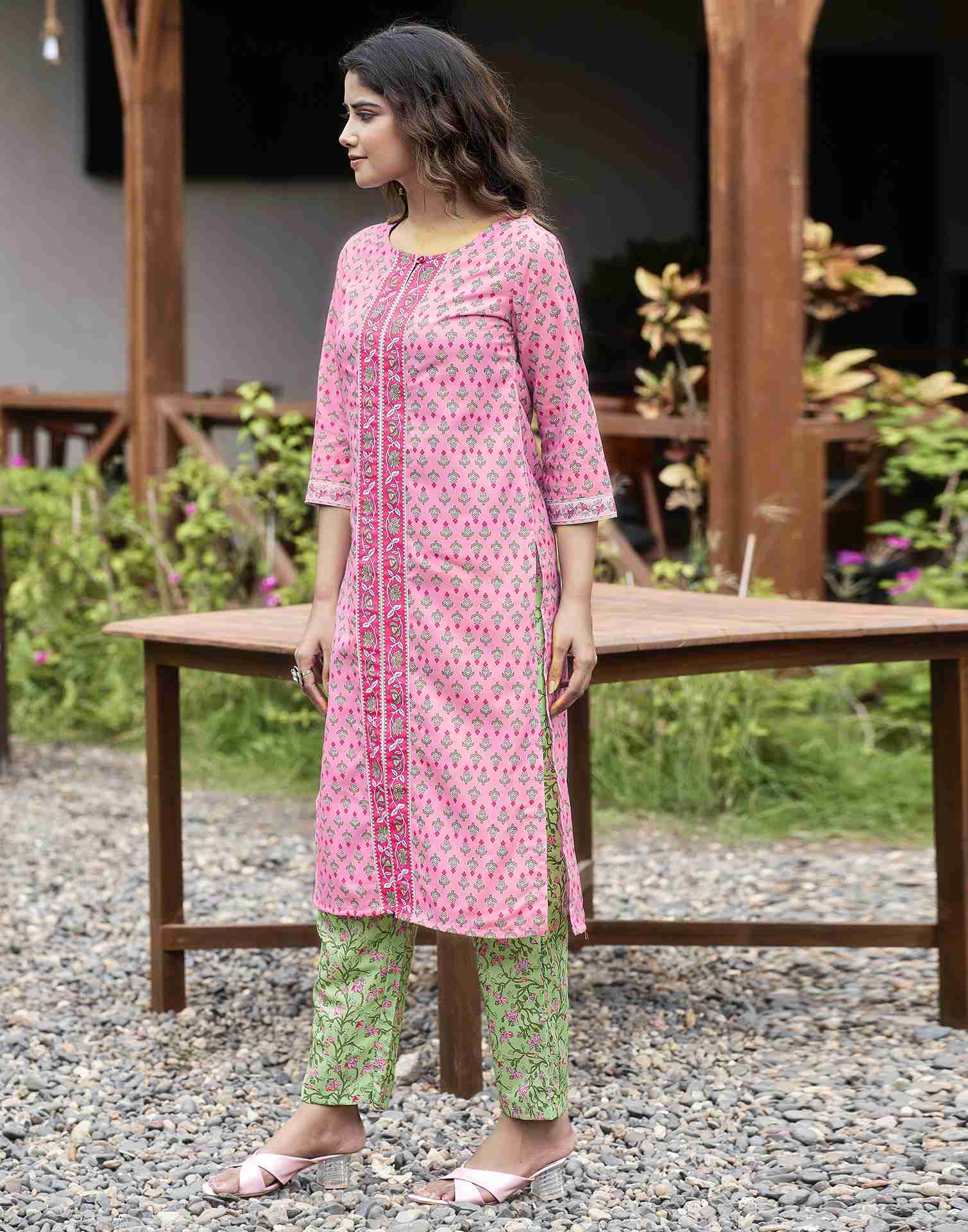 Pink Printed Rayon Straight Kurta Set With Dupatta