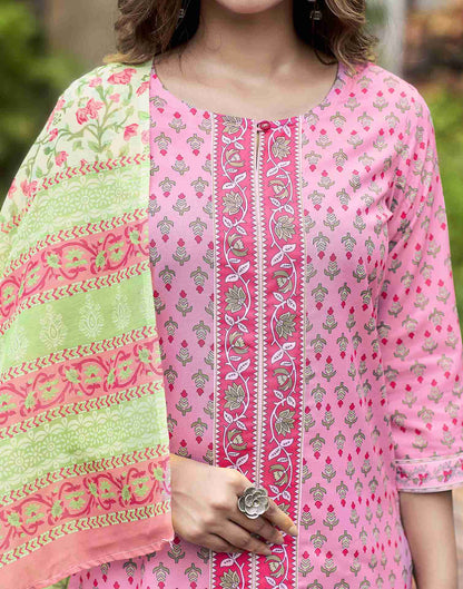 Pink Printed Rayon Straight Kurta Set With Dupatta