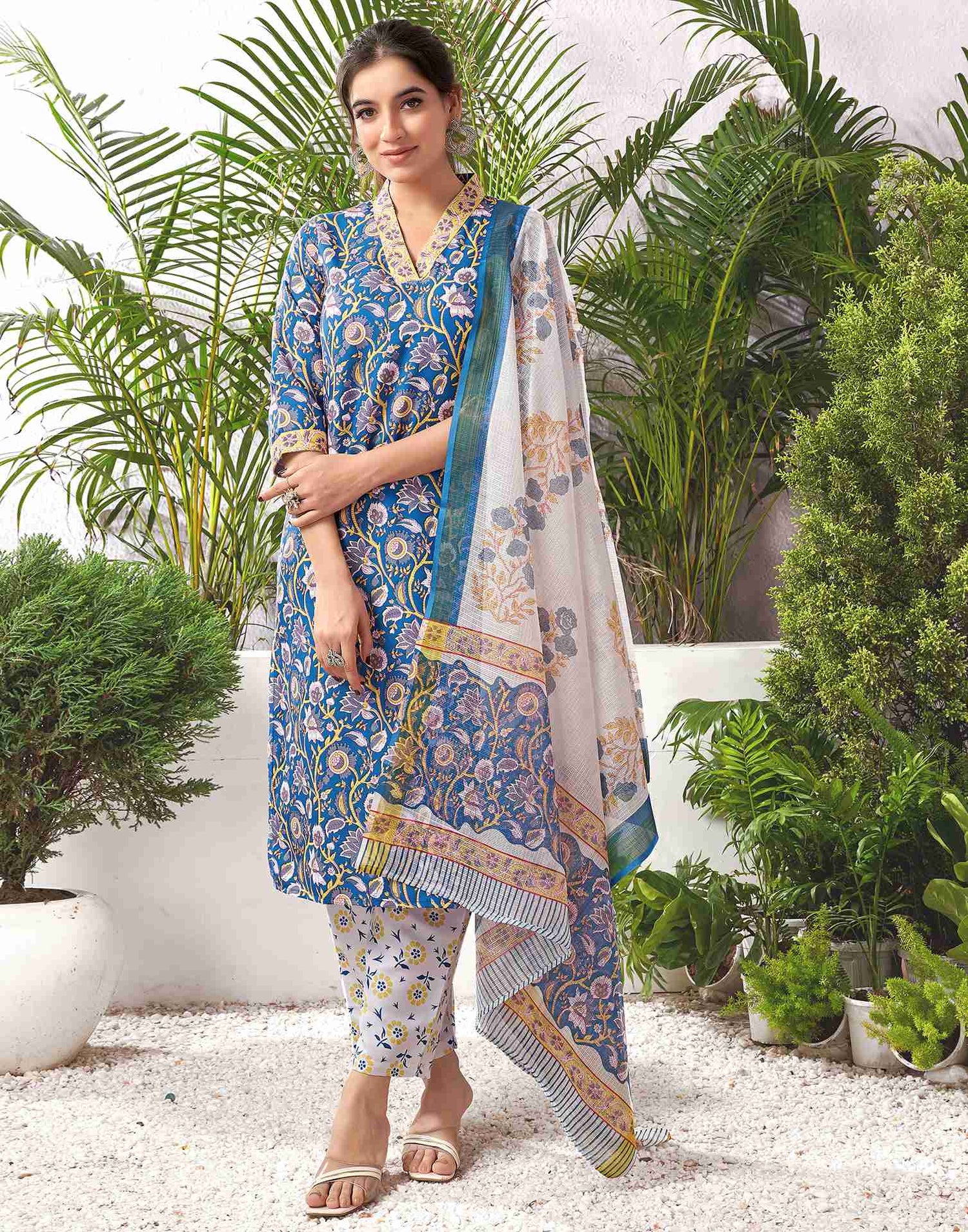 Blue Rayon Printed Straight Kurta Set With Dupatta