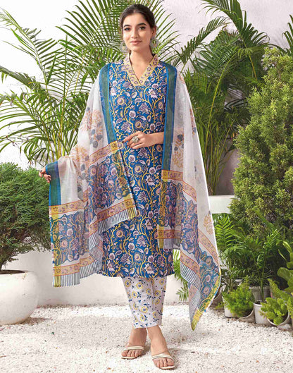 Blue Rayon Printed Straight Kurta Set With Dupatta