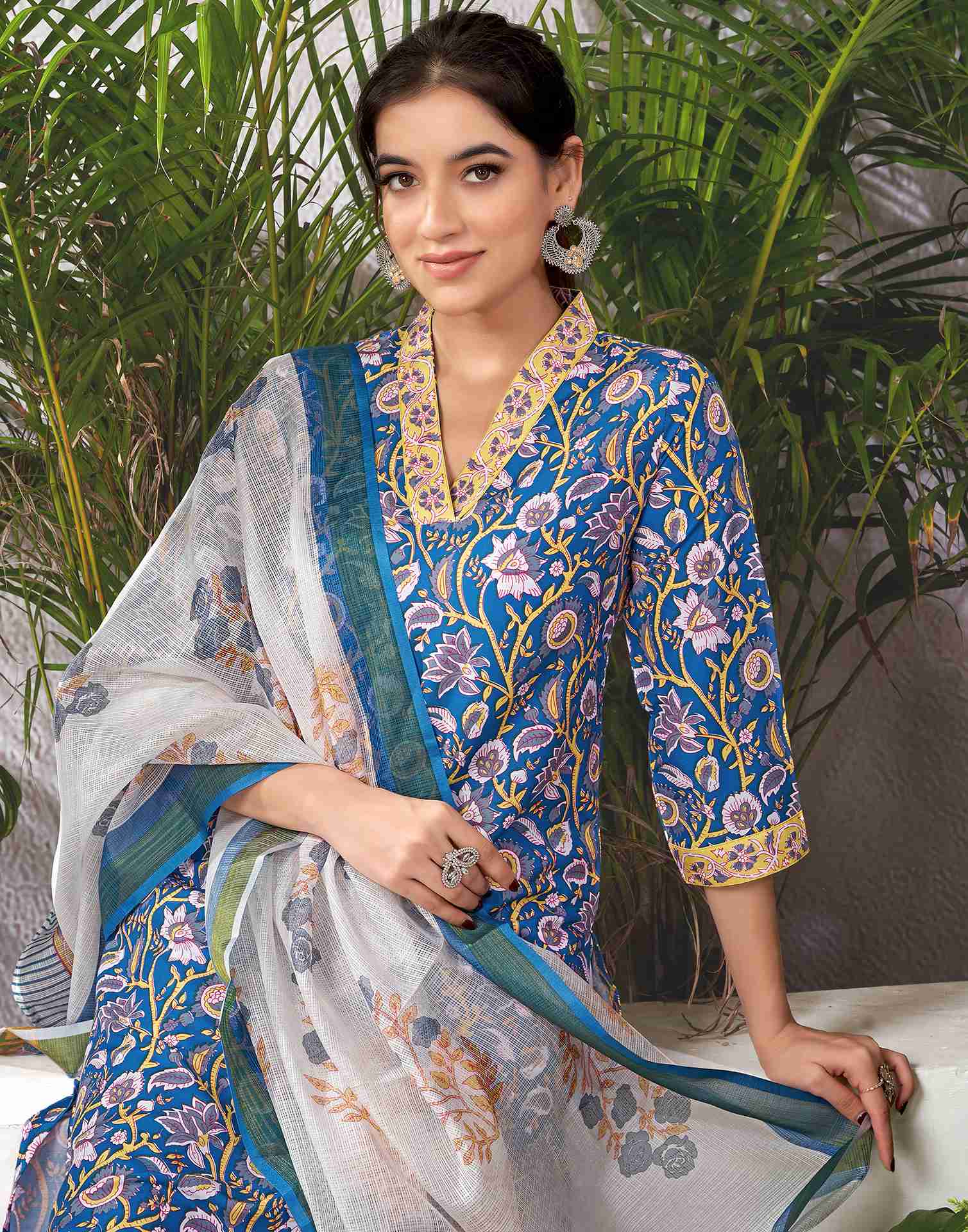 Blue Rayon Printed Straight Kurta Set With Dupatta