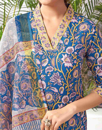 Blue Rayon Printed Straight Kurta Set With Dupatta